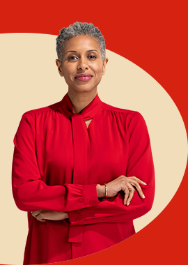 A State Farm agent in red blouse and scarf smiles.